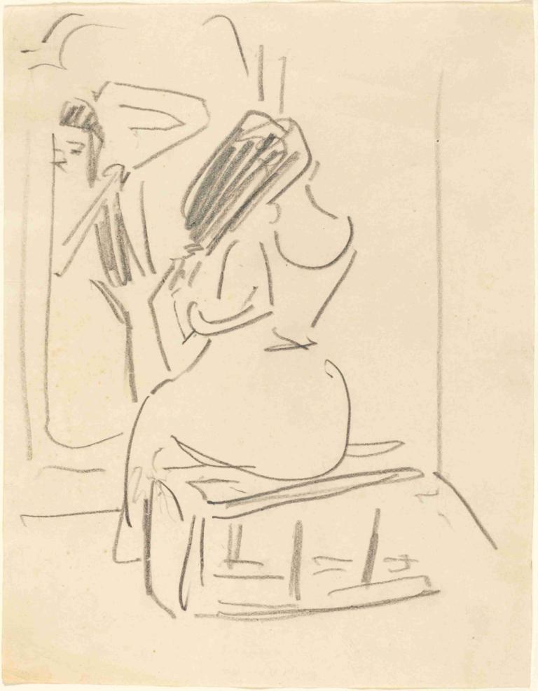 A Woman Combing Her Hair in Front of a Mirror,Ernst Ludwig Kirchner,Sketch,Sketch, 1girl, monochrome, solo