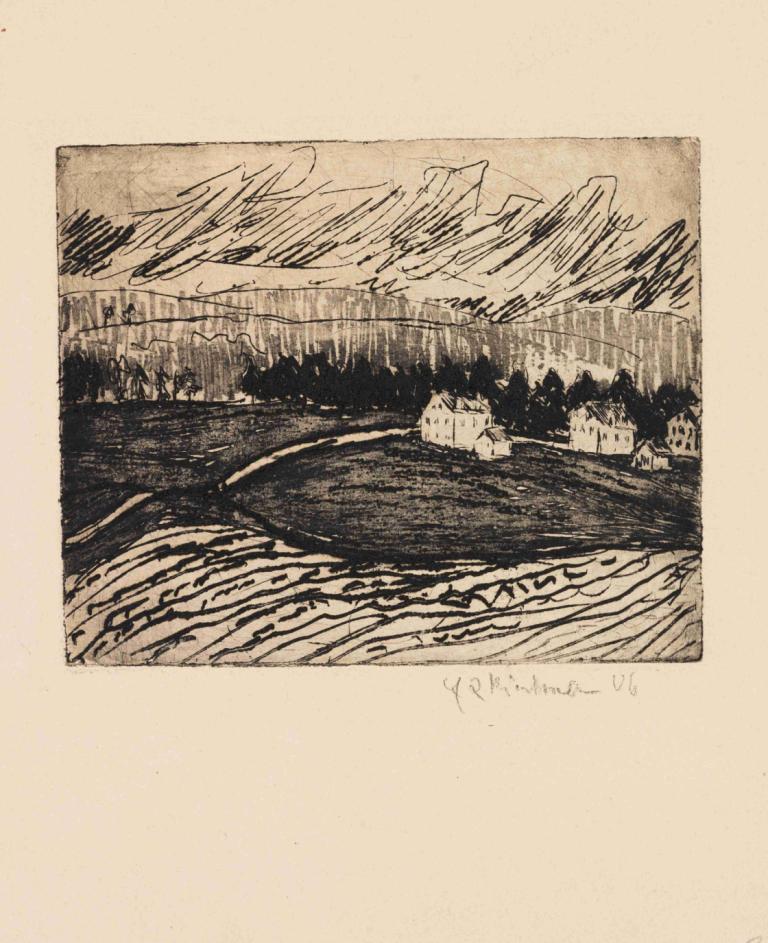 Acker und Häuser im Erzgebirge,Ernst Ludwig Kirchner,Sketch,Sketch, monochrome, no humans, outdoors, river