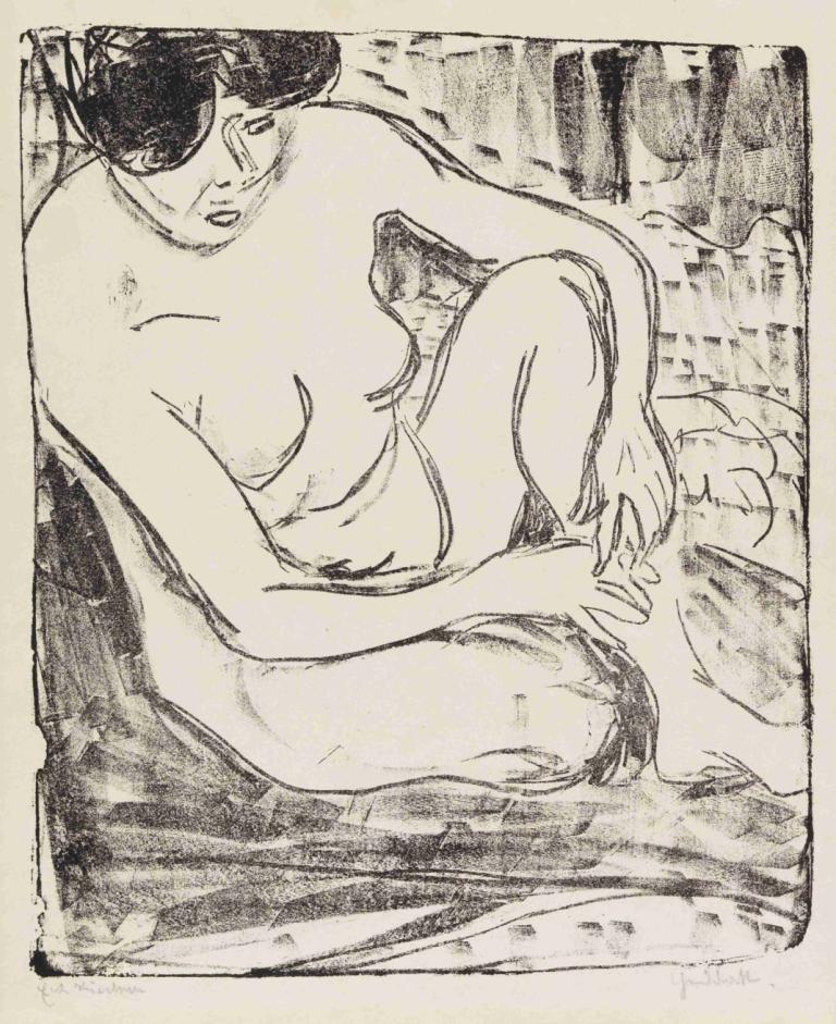 Aktstudie,Studium zákona,Ernst Ludwig Kirchner,Náčrt,Náčrt, sólo, černobílý, akt, 1 dívka, prsa, sedící