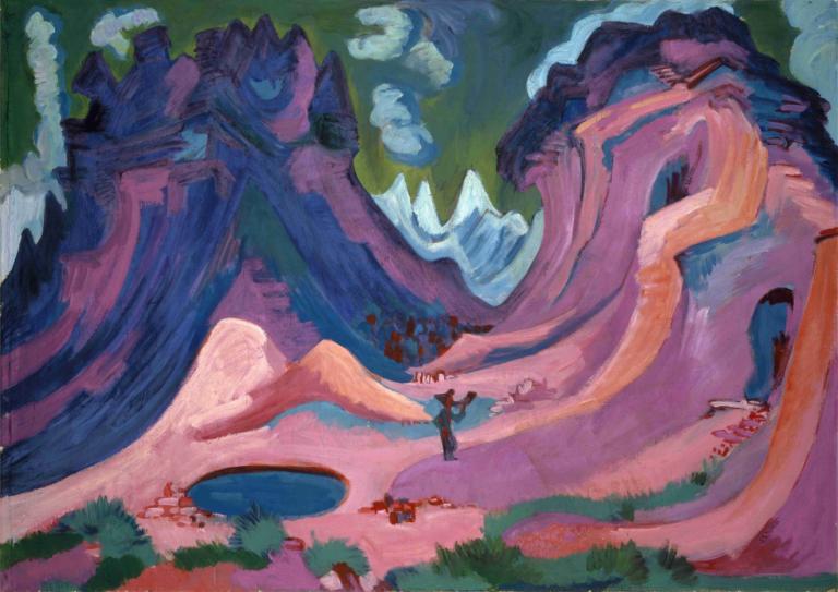 Amselfluh,Ernst Ludwig Kirchner,Pastell,Pastell, draußen, Gras, Stehen, 1Junge, Landschaft, Baum