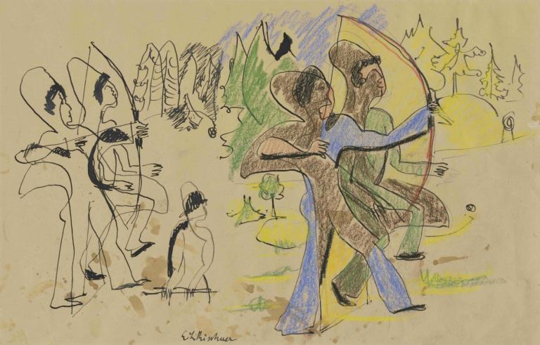 Archers,Ernst Ludwig Kirchner,Pastel,Pastel, bow (weapon), traditional media, weapon, sketch, tree, parody