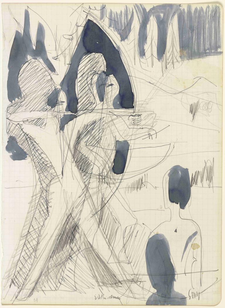 Archers,Ernst Ludwig Kirchner,Sketch,Sketch, monochrome, sketch, 1girl, solo, traditional media