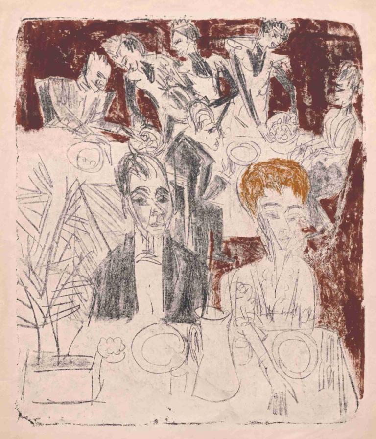 At the Table,Ernst Ludwig Kirchner,Sketch,Sketch, multiple boys, sketch, plant, monochrome