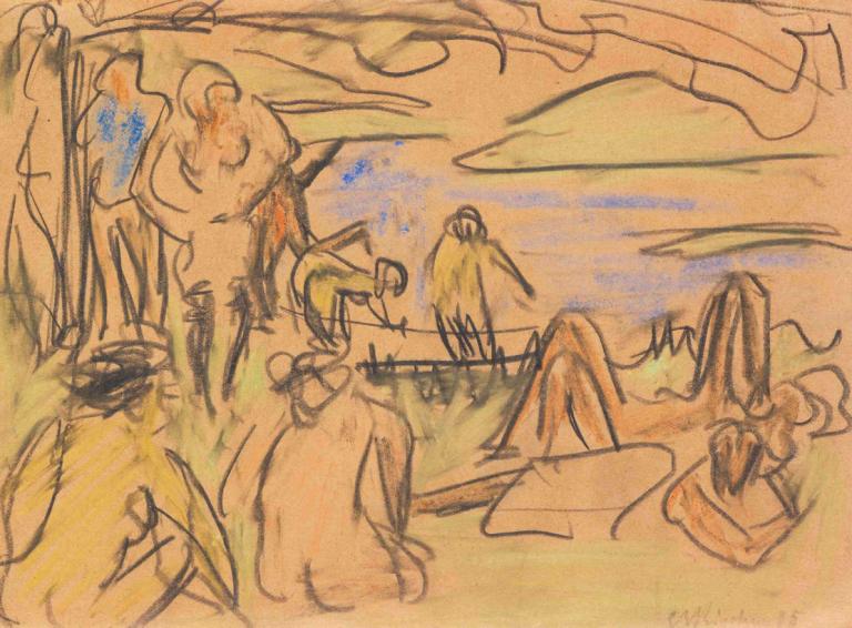 Badende,Yıkananlar,Ernst Ludwig Kirchner,Pastel,Pastel, şapka, ağaç, geleneksel medya, birden fazla erkek