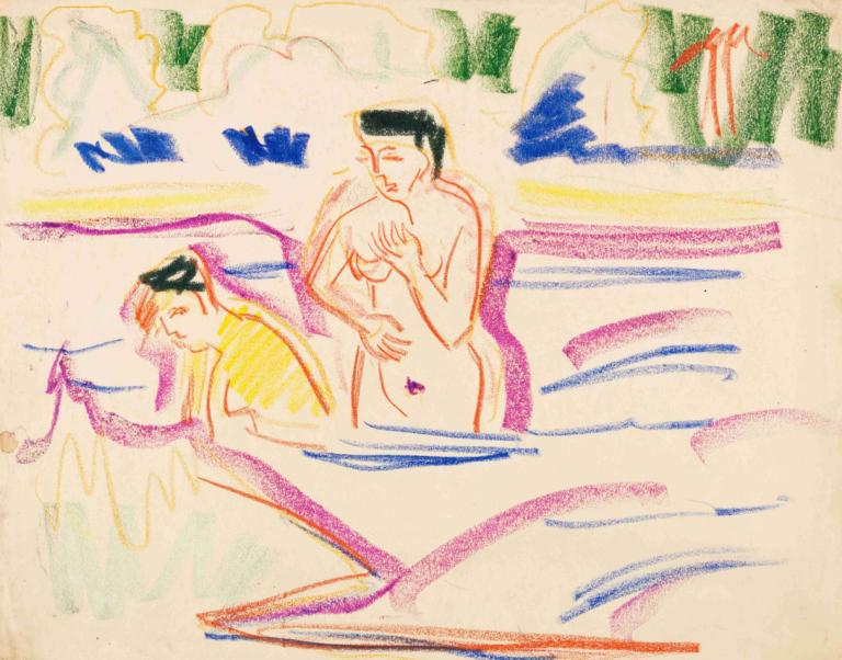 Badende Frauen,入浴女性,Ernst Ludwig Kirchner,エルンスト・ルートヴィヒ・キルヒナー,パステル画,パステル画, 従来のメディア, ヌード, 黒髪, 男の子1名, 複数の女の子