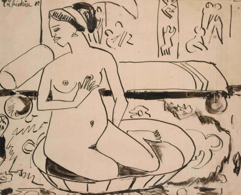 Badende im Atelier der Brücke,Bañistas en el estudio del puente,Ernst Ludwig Kirchner,Bosquejo,Bosquejo