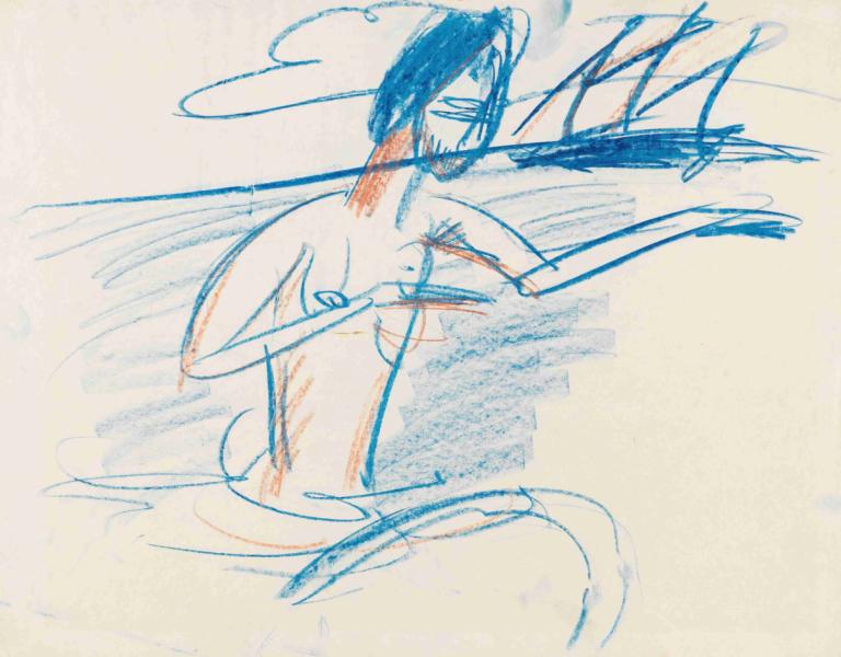 Badender Akt mit Segelboot,Baño desnudo con velero,Ernst Ludwig Kirchner,Boceto en color,Boceto en color