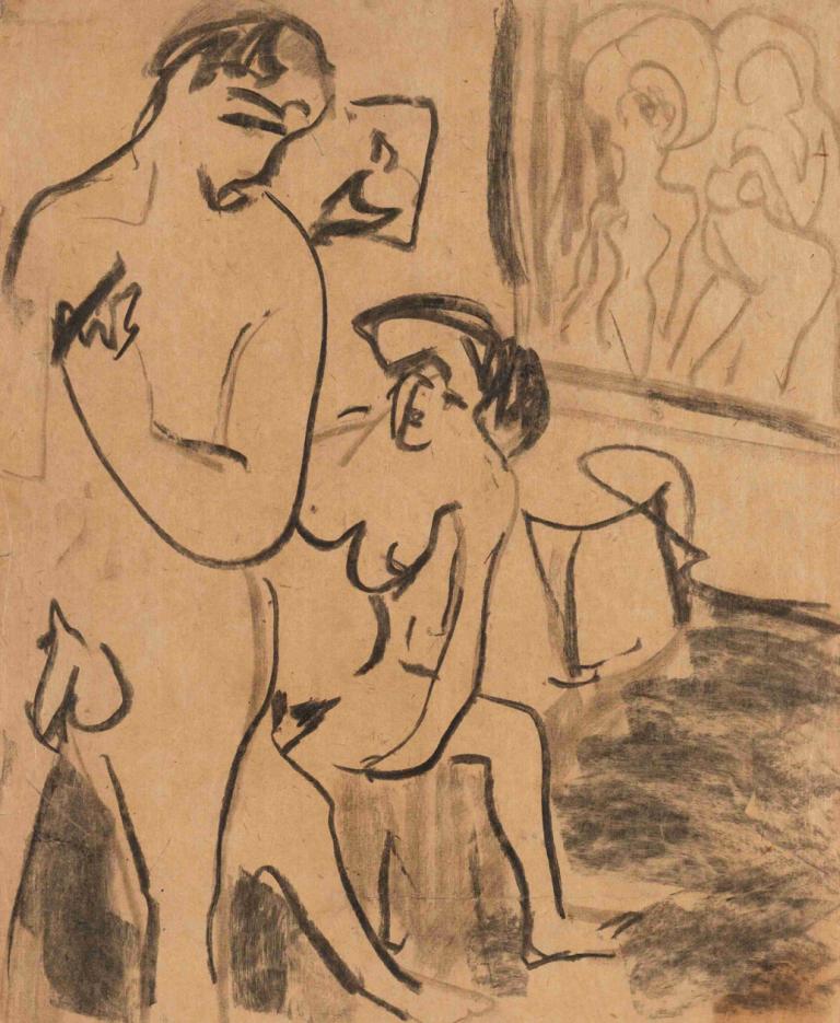 Badendes Paar im Atelier,巴登斯·帕爾·伊姆·阿特利耶,Ernst Ludwig Kirchner,恩斯特·路德維希·基什內爾,素描,素描, 單色, 美術模仿, 1個女孩, 草圖, 什麼, 戲仿