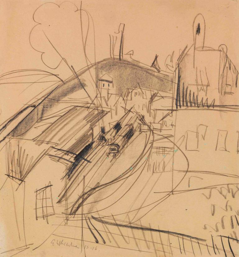 Bahnhof Königstein,Ernst Ludwig Kirchner,Sketch,Sketch, monochrome, sketch, no humans, aircraft