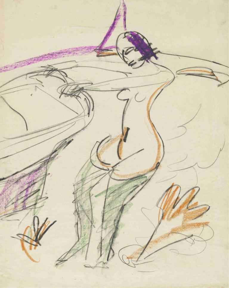 Bather,沐浴者,Ernst Ludwig Kirchner,恩斯特·路德維希·基什內爾,素描,素描, 草圖, 簡單的背景, 獨奏, 白色背景