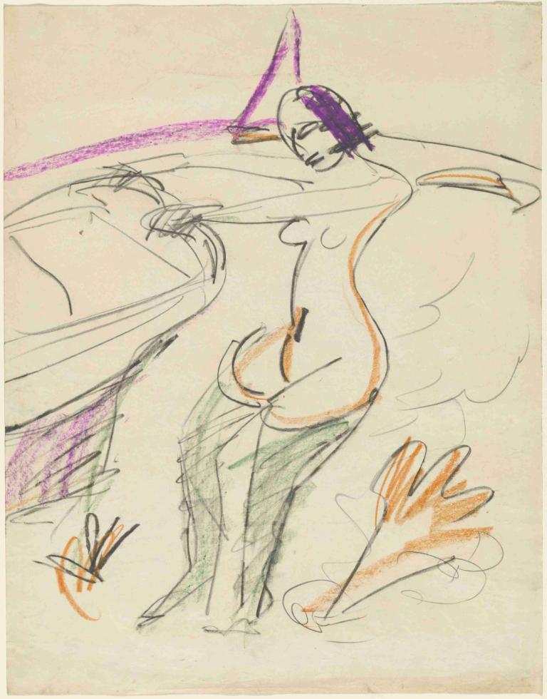 Bather,Ernst Ludwig Kirchner,Skica,Skica, skica, 1 dekle, solo, orožje, gola, meč, tradicionalni mediji