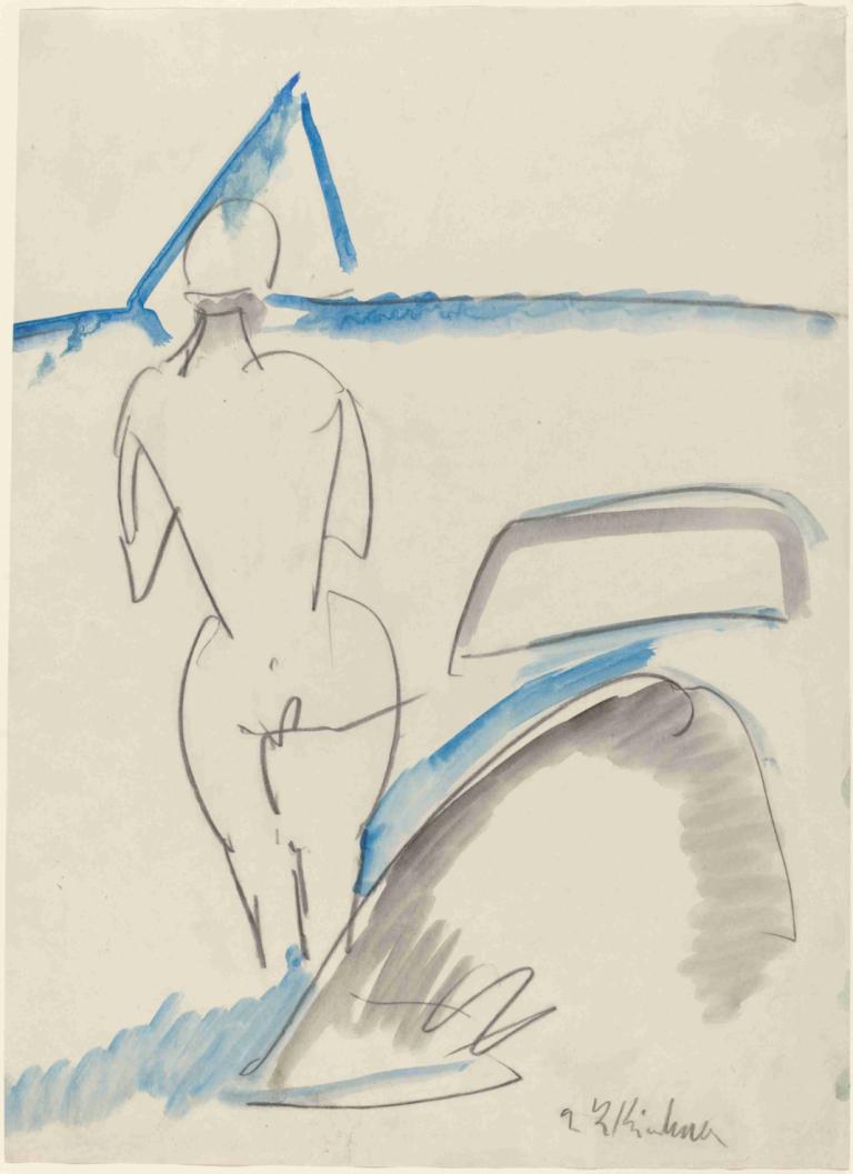 Bather on the Beach,Ernst Ludwig Kirchner,Sketch,Sketch, traditional media, from behind, 1girl, nude, ass