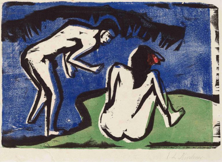 Bathing Couple,Cuplu de scăldat,Ernst Ludwig Kirchner,Pastel,Pastel, nud, cur, stând, 2 fete, mai multe fete