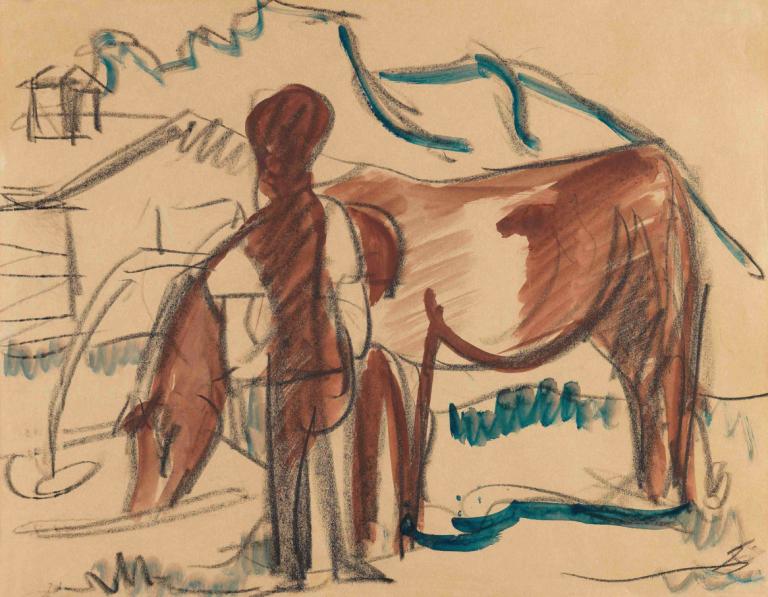 Bauer und trinkende Kuh,Ernst Ludwig Kirchner,Pastel,Pastel, sketch, traditional media, wings, standing, solo