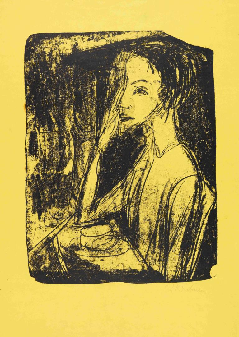 Bildnis Frau Nelly Fehr,Ernst Ludwig Kirchner,Sketch,Sketch, solo, monochrome, 1girl, cup, teacup