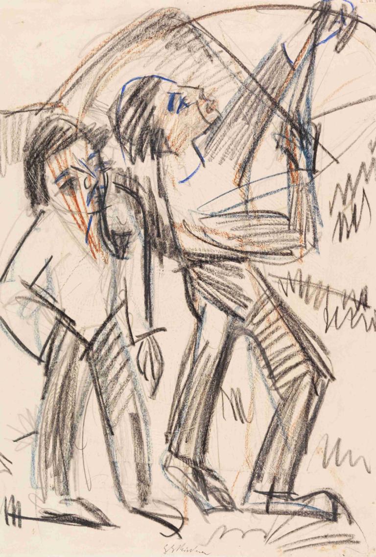 Bogenschütze,Ernst Ludwig Kirchner,Sketch,Sketch, sketch, 2boys, multiple boys, traditional media, umbrella