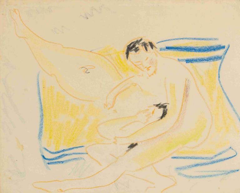 Couple,Ernst Ludwig Kirchner,Pastel,Pastel, 1girl, 1boy, nude, closed eyes, barefoot, traditional media