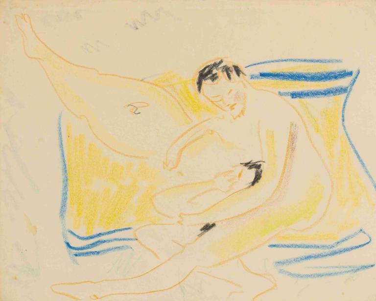 Couple,Ernst Ludwig Kirchner,Pastel,Pastel, 1girl, 1boy, nude, closed eyes, traditional media, barefoot