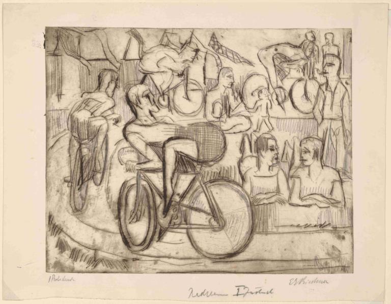 Cycle Race,Cykelløb,Ernst Ludwig Kirchner,Kobberstik ætsning,Kobberstik ætsning, terrængående køretøj