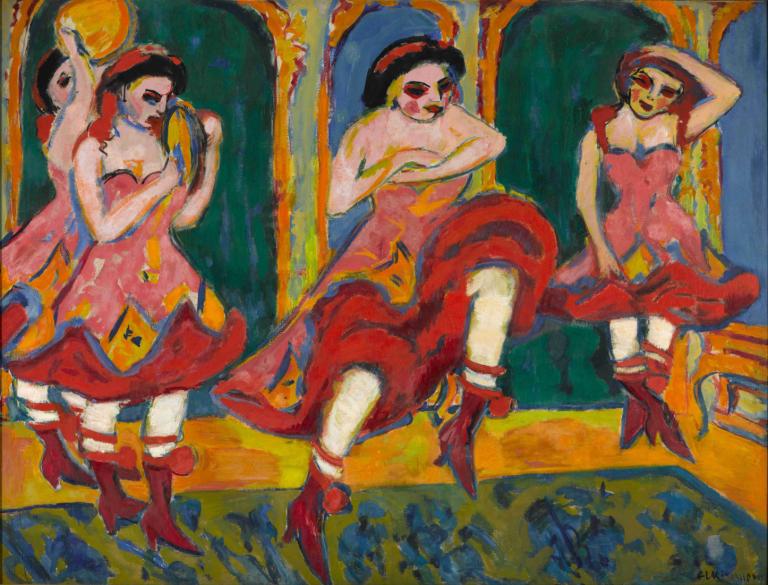 Czardas dancers,Ernst Ludwig Kirchner,Pastel,Pastel, fine art parody, dress, multiple girls, parody, dancing