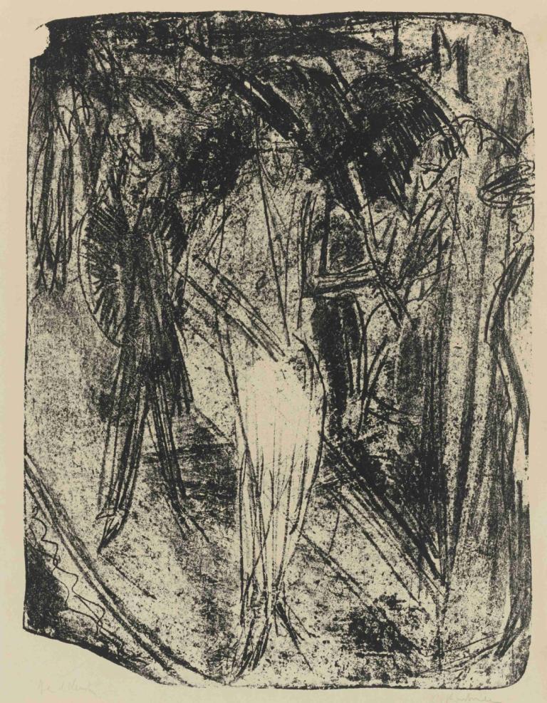 Dame Im Regen,Ernst Ludwig Kirchner,Copperplate Etching,Copperplate Etching, monochrome, solo, greyscale