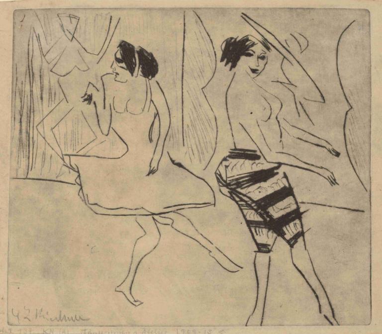 Dancers in Studio,Ernst Ludwig Kirchner,Sketch,Sketch, 1girl, monochrome, 1boy, traditional media, dress