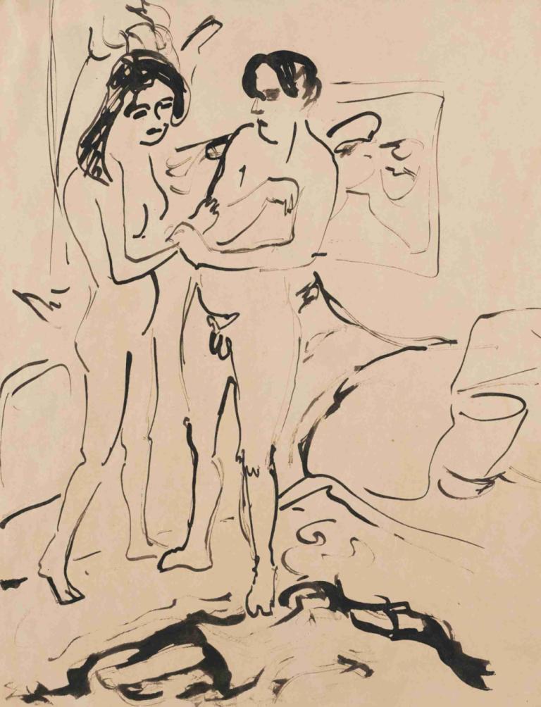 Das Paar,Ernst Ludwig Kirchner,Sketch,Sketch, nude, breasts, monochrome, multiple girls, sketch, hetero, 1boy