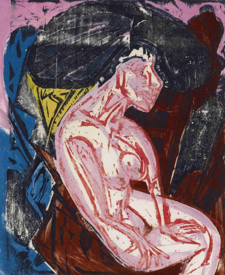 Die Geliebte,Stăpâna,Ernst Ludwig Kirchner,Pastel,Pastel, 1 fata, solo, nud, sanii, sfârcurile, stând, brunet