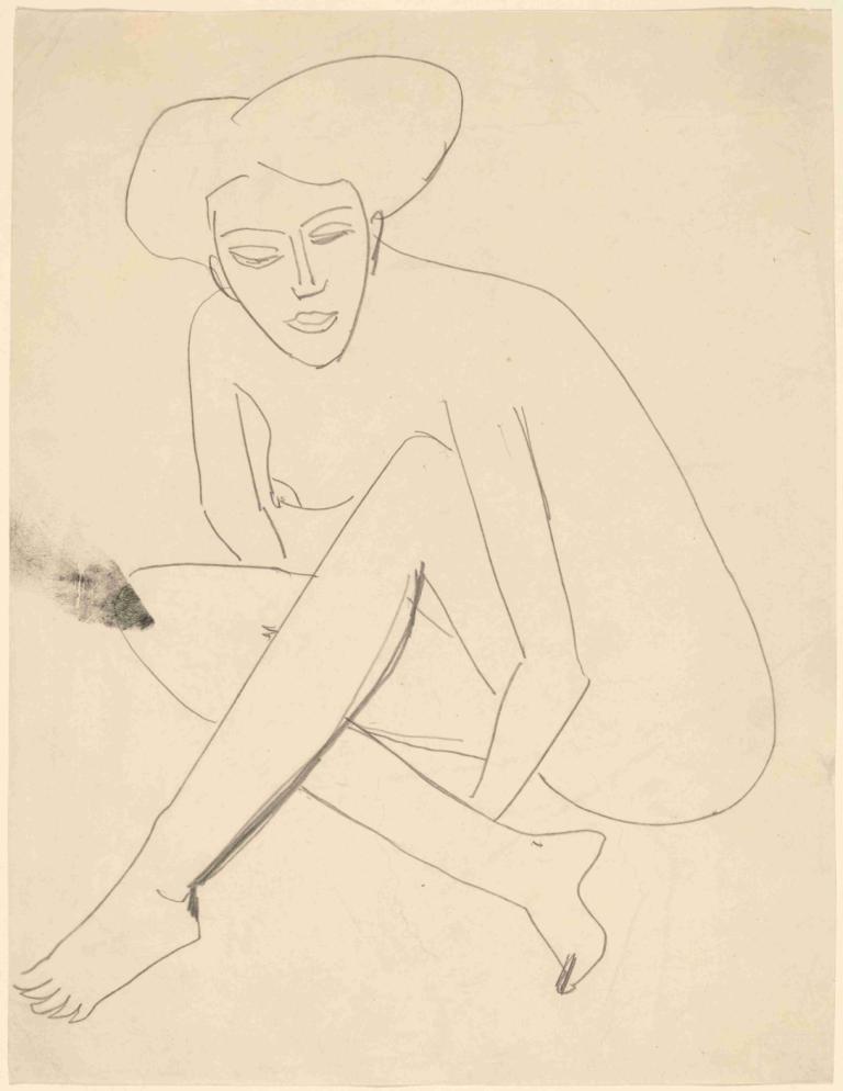 Dodo Seated,Dodo așezat,Ernst Ludwig Kirchner,Schiță,Schiță, solo, 1 fata, monocrom, nud, stând, ochi inchisi