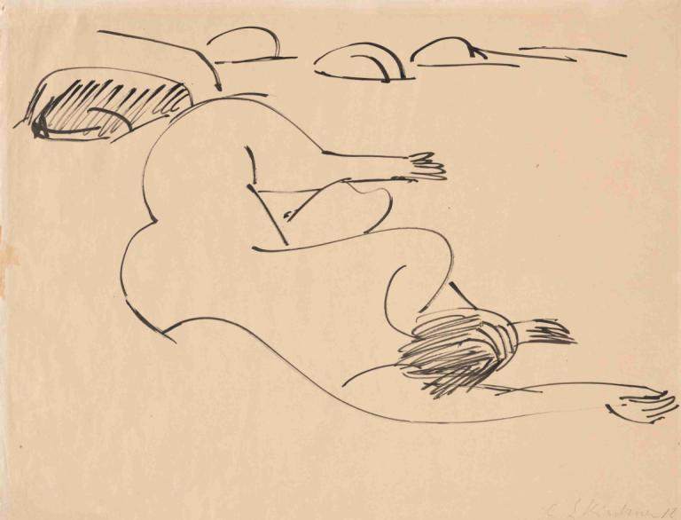 Erna Lying on the Beach among Rocks,Эрна лежит на пляже среди скал,Ernst Ludwig Kirchner,Эрнст Людвиг Кирхнер