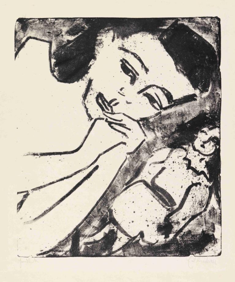 Fränzikopf mit Puppe,Fränzi hlava s panenkou,Ernst Ludwig Kirchner,Náčrt,Náčrt, černobílý, 1 dívka, sólo