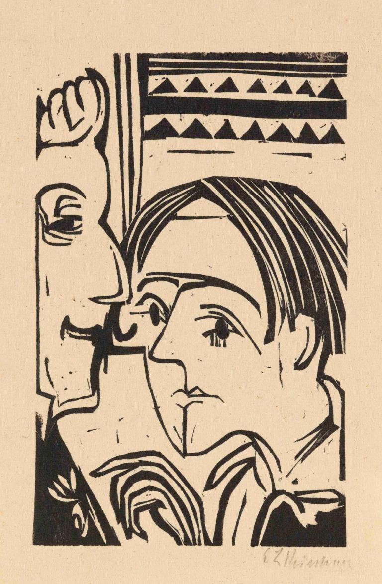 Frau und Mann,žena a muž,Ernst Ludwig Kirchner,Mědirytinový lept,Mědirytinový lept, černobílý