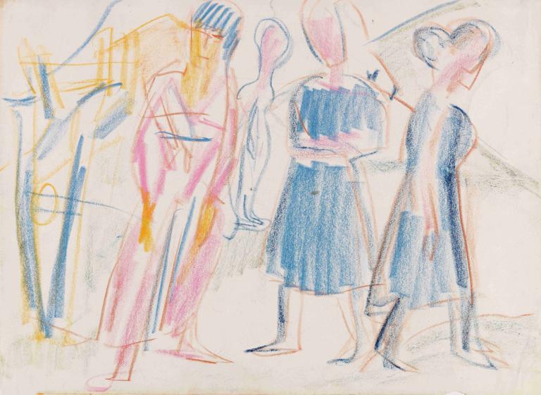 Frauen in Landschaft,Ženy v krajině,Ernst Ludwig Kirchner,Pastelové,Pastelové, více dívek, skica