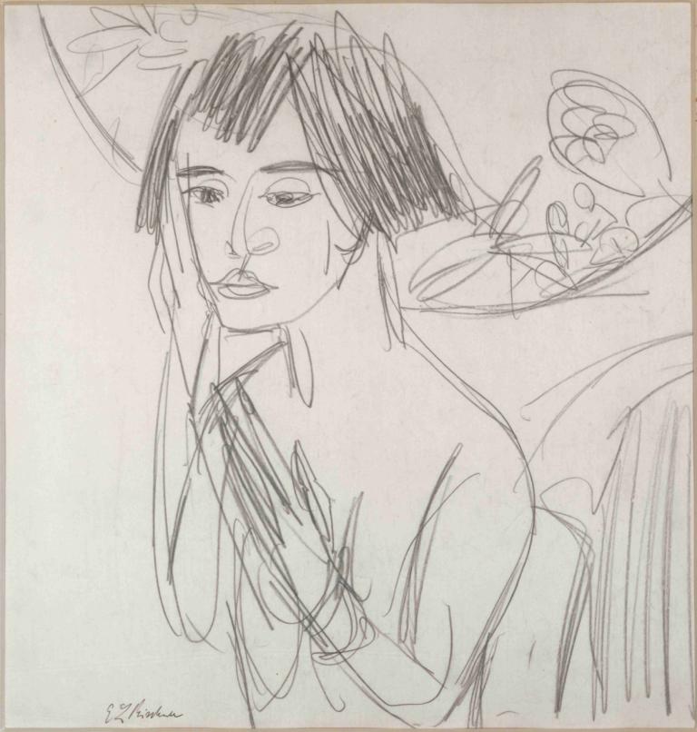 Gerda,Ernst Ludwig Kirchner,Sketch,Sketch, sketch, 1girl, monochrome, solo, traditional media, short hair