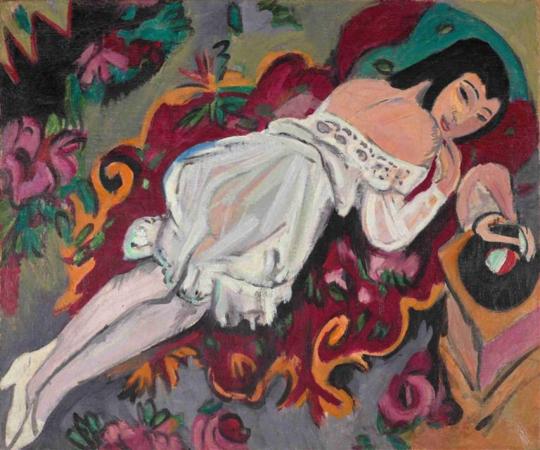 Girl in White Chemise,Ernst Ludwig Kirchner,Pastel,Pastel, 1girl, black hair, flower, solo, traditional media