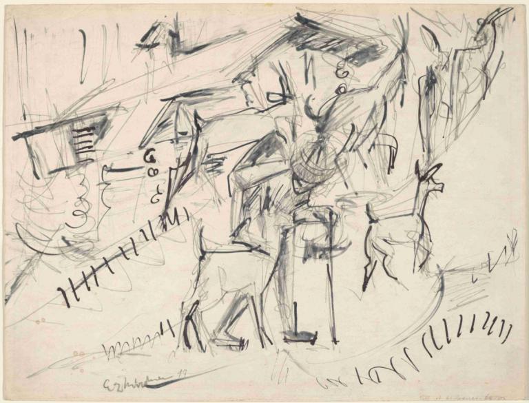 Goatherd with Goats,Ernst Ludwig Kirchner,Sketch,Sketch, monochrome, sketch, 1girl, traditional media, solo