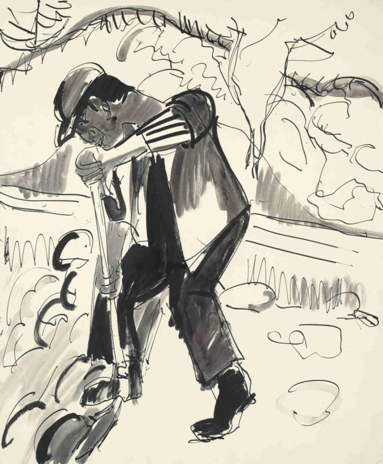 Grabender Bauer (Digging Peasant),Ernst Ludwig Kirchner,Sketch,Sketch, hat, monochrome, solo, 1boy