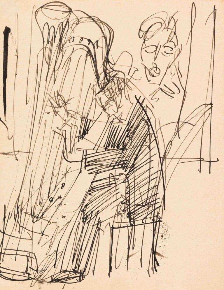 Harfenspieler,Ernst Ludwig Kirchner,Sketch,Sketch, monochrome, sketch, 1girl, long hair, traditional media