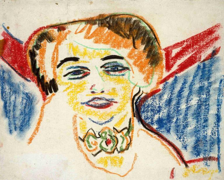 Head of a Woman,Ernst Ludwig Kirchner,Pastel,Pastel, solo, portrait, traditional media, brown hair, 1boy