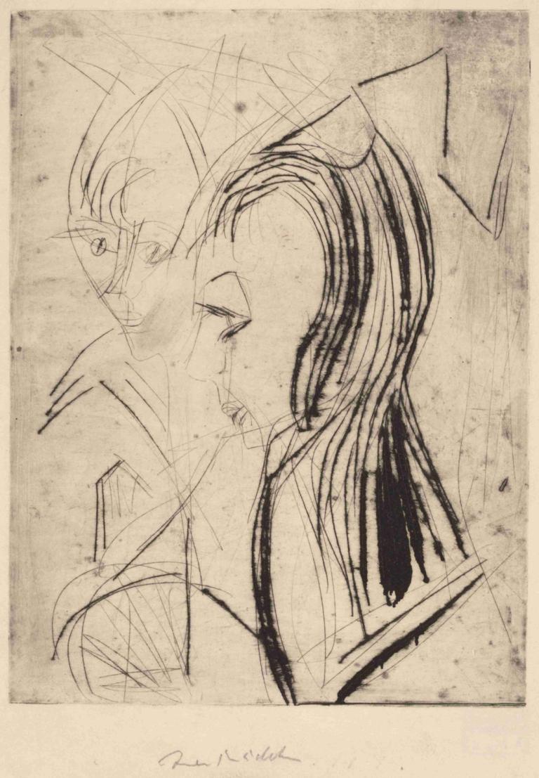 Heads of Two Girls,Ernst Ludwig Kirchner,Sketch,Sketch, monochrome, sketch, long hair, solo, 1girl, 1boy