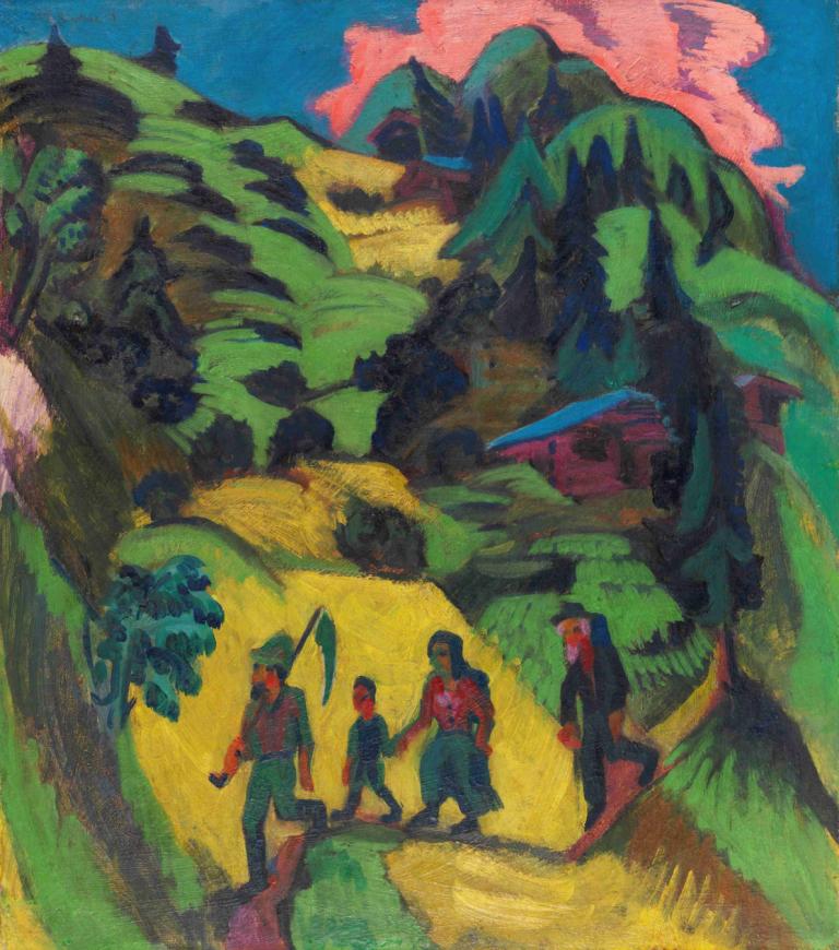 Heimkehrender Heuer,Ernst Ludwig Kirchner,Pastel,Pastel, tree, multiple boys, outdoors, traditional media