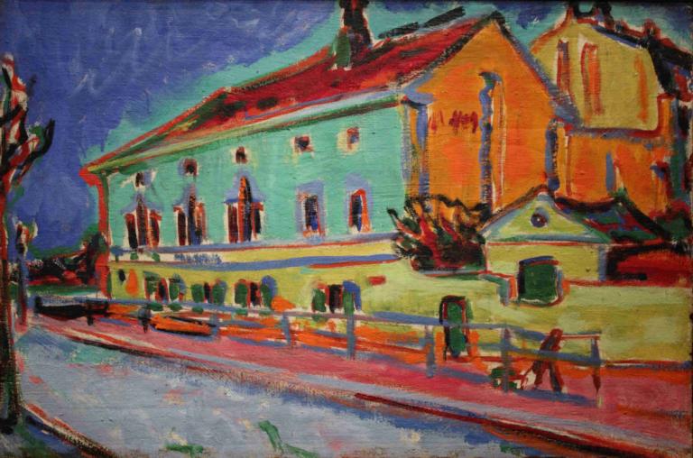 Houses in Dresden,Ernst Ludwig Kirchner,Pastel,Pastel, traditional media, outdoors, tree, scenery, no humans