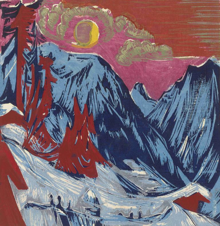 Längmatte bei Monduntergang,Ernst Ludwig Kirchner,Pastel,Pastel, mountain, cloud, sky, solo, outdoors, moon