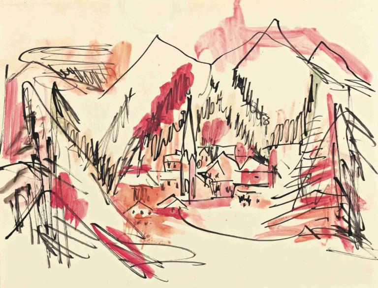 Landschaft Davos,Ernst Ludwig Kirchner,Pastel,Pastel, traditional media, building