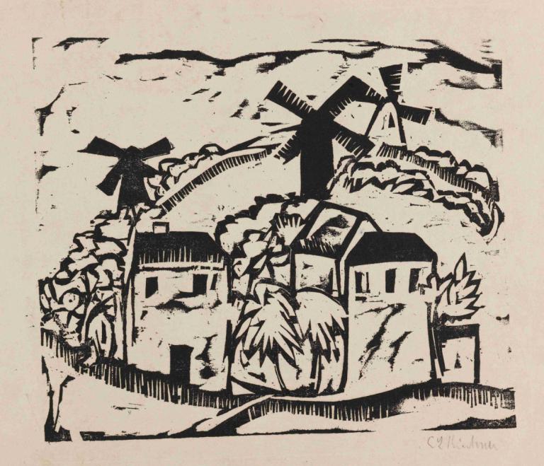 Landschaft mit Windmühlen,Ernst Ludwig Kirchner,Copperplate Etching,Copperplate Etching, monochrome