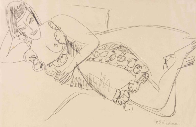 Liegender Frauenakt,Ernst Ludwig Kirchner,Sketch,Sketch, 1girl, solo, sketch, monochrome, pillow, lying