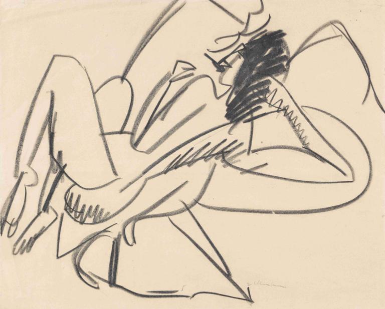 Liegender weiblicher Akt,Ernst Ludwig Kirchner,Sketch,Sketch, 1girl, solo, monochrome, sketch, harime nui