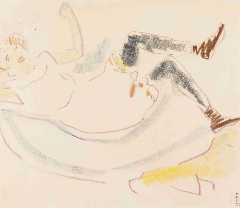 Liegendes Mädchen,Ernst Ludwig Kirchner,Watercolor,Watercolor, 1girl, closed eyes, solo, nude, 1boy