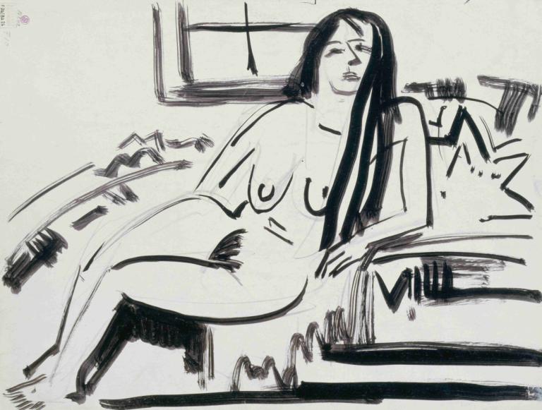 Lying nude,Ernst Ludwig Kirchner,Sketch,Sketch, 1girl, long hair, solo, nude, monochrome, traditional media