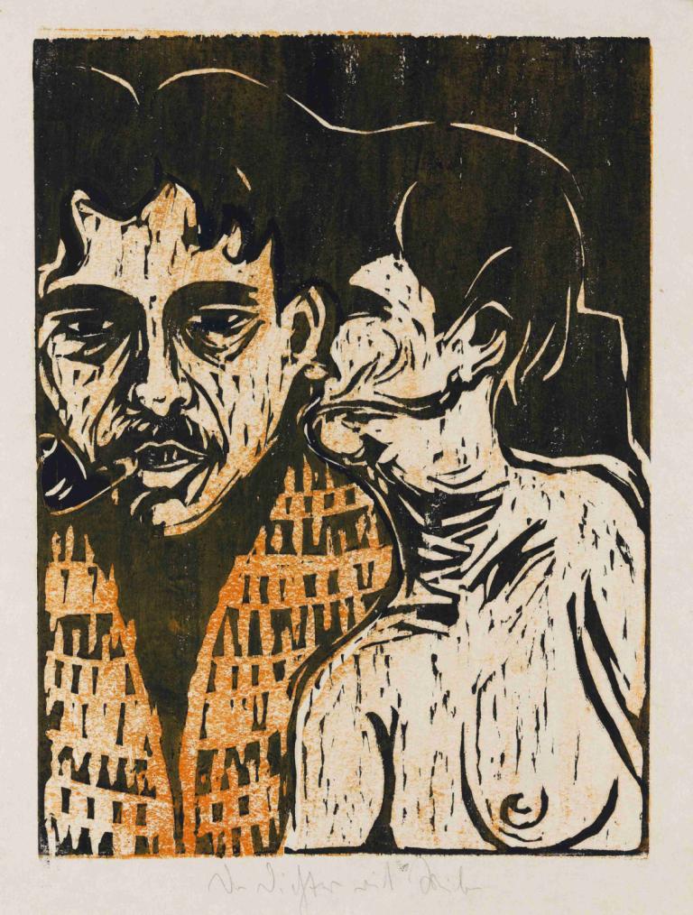 Maler und Modell - Dichter und Weib,Ernst Ludwig Kirchner,Copperplate Etching,Copperplate Etching, 1girl